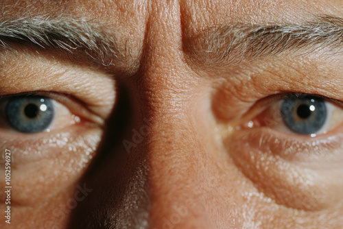 Intense close-up of blue eyes with focused gaze and wrinkled brow photo