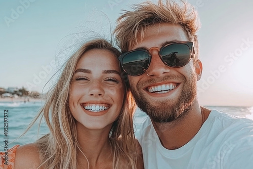 Happy couple enjoying a sunny beach day with smiles and sunglasses