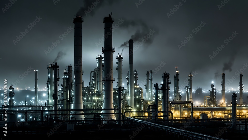 Fototapeta premium Oil refinery in foggy night with long exposure.