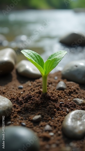 Vibrant green sprout in moist riverbank soil with smooth stones reflecting sunlight photo