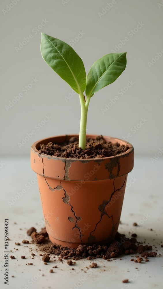 Vibrant sprout emerging from cracked terracotta pot Vibrant sprout emerging from cracked terracotta pot