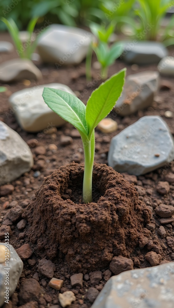 Fresh sprout emerging from dark soil among rocks and plant fragments in a flower bed Fresh sprout emerging from dark soil among rocks and plant fragments in a flower bed