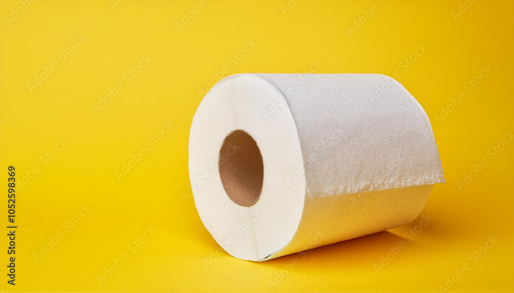 Fototapeta premium White toilet paper roll on isolated yellow background. Personal hygiene.
