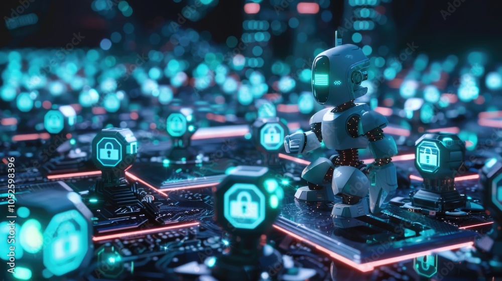 Futuristic cybersecurity concept with robots and digital encryption locks in a techno network Futuristic cybersecurity concept with robots and digital encryption locks in a techno network
