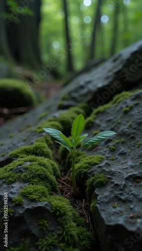 Tiny sprout with leaves emerging from moss covered boulder in damp forest