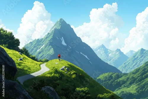 A lone hiker exploring a vibrant, lush mountain landscape under a clear blue sky. photo