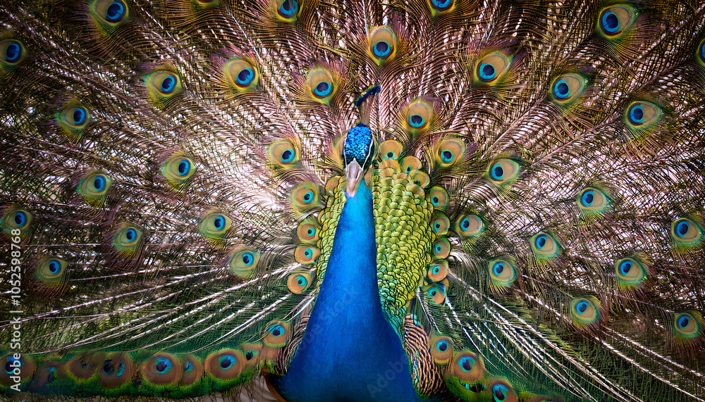 Obraz premium A stunning peacock showcasing its colorful plumage in full display, highlighting vibrant blues and greens. This image captures the elegance and beauty of nature, symbolizing pride and majesty