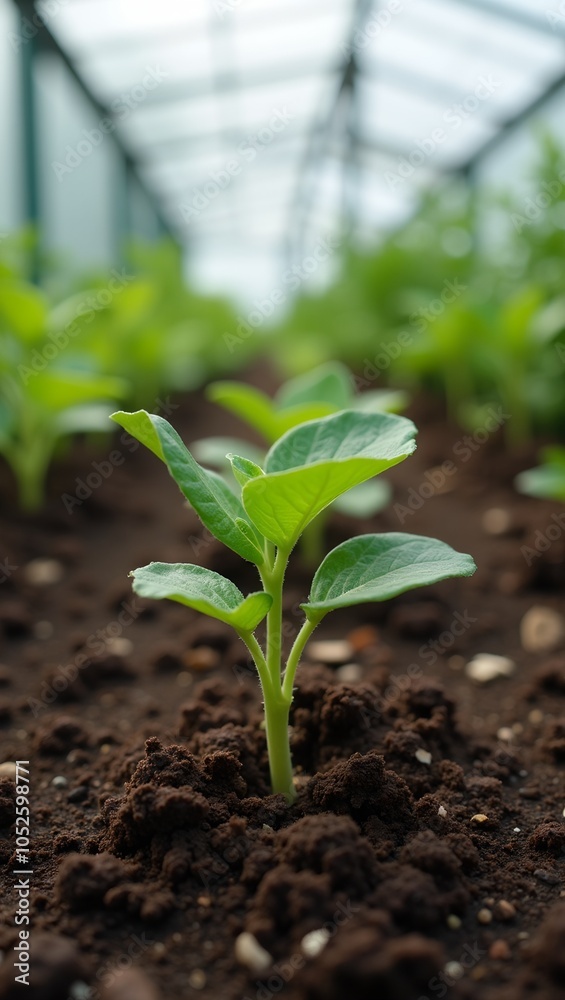 Fresh green sprout in rich dark soil under soft greenhouse light Fresh green sprout in rich dark soil under soft greenhouse light