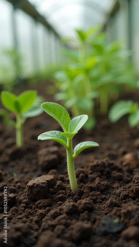 Fresh green sprout in rich dark soil under soft greenhouse light