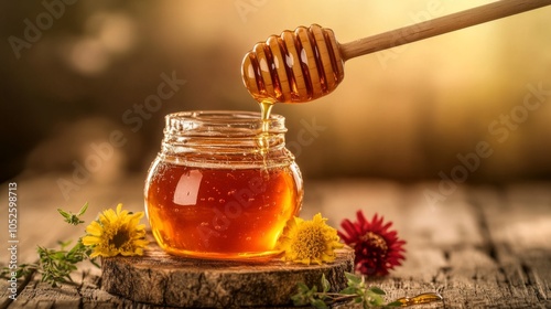 Naturally Sweet Honey in a Jar with Wooden Dipper