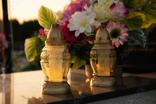 A tomb decorated with candles and flowers with cementary in the background.