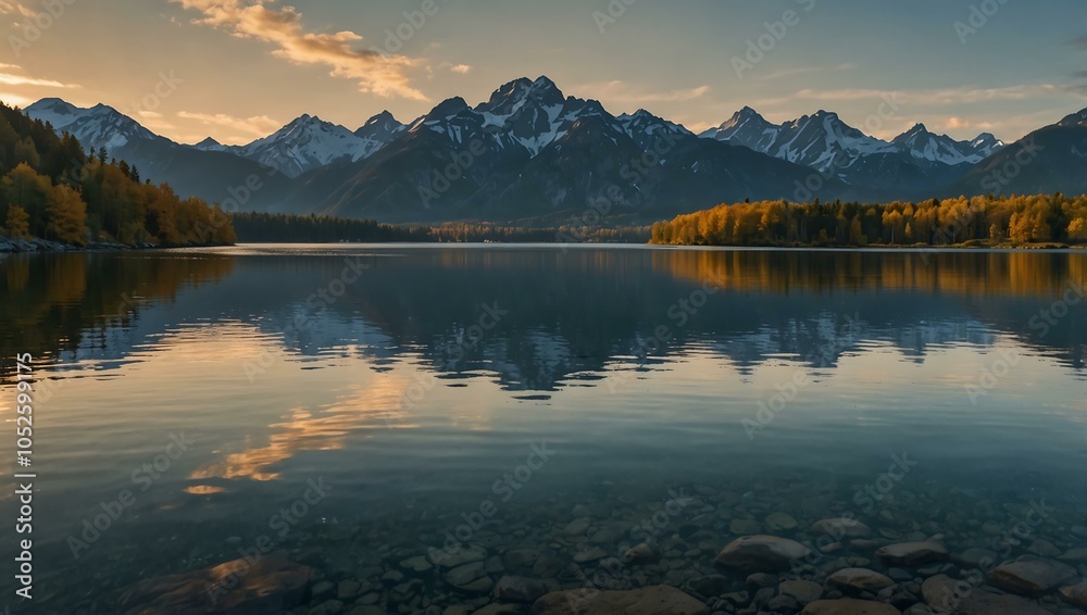 Fototapeta premium Panoramic mountain range with a lake in the foreground.