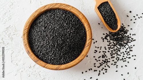 View from above of wooden bowl of black sesame seeds on white background