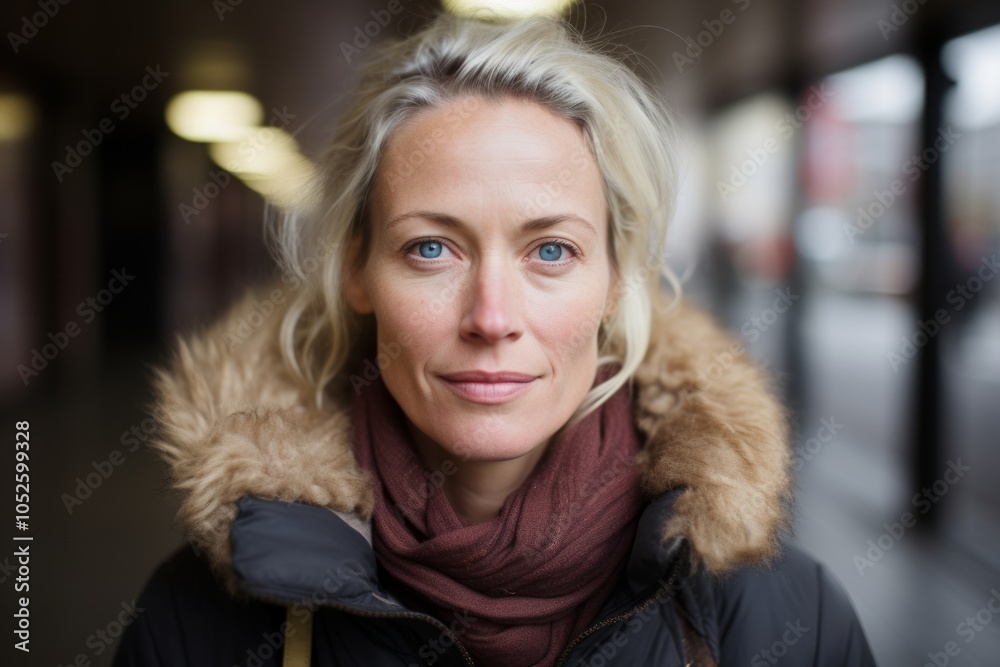Portrait of mature woman with blond hair in coat at the street