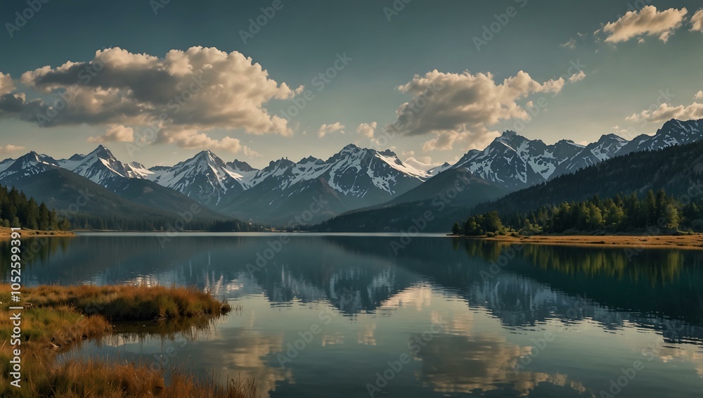 Panoramic mountain range with a lake in the foreground. Panoramic mountain range with a lake in the foreground.