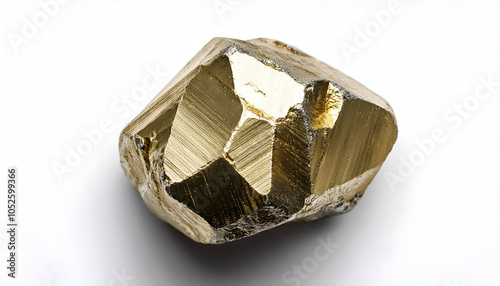 Detailed view of a shiny metallic mineral pyrite, showcasing the unique crystalline structure on a white background. Often mistaken for gold, it's known as fool's gold photo