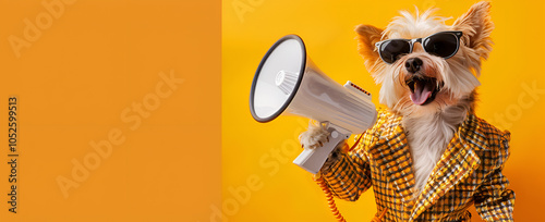 Puppy in sunglasses holding a megaphone in his paws. Movie production concept with clapper or slate board. isolated on yellow background
