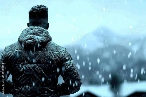 Solitude in winter: man embracing snowfall and mountain serenity