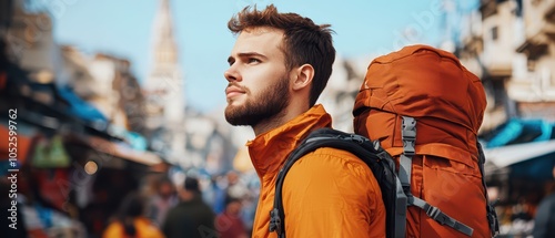 A thoughtful traveler in an orange jacket and backpack, exploring a vibrant market street.