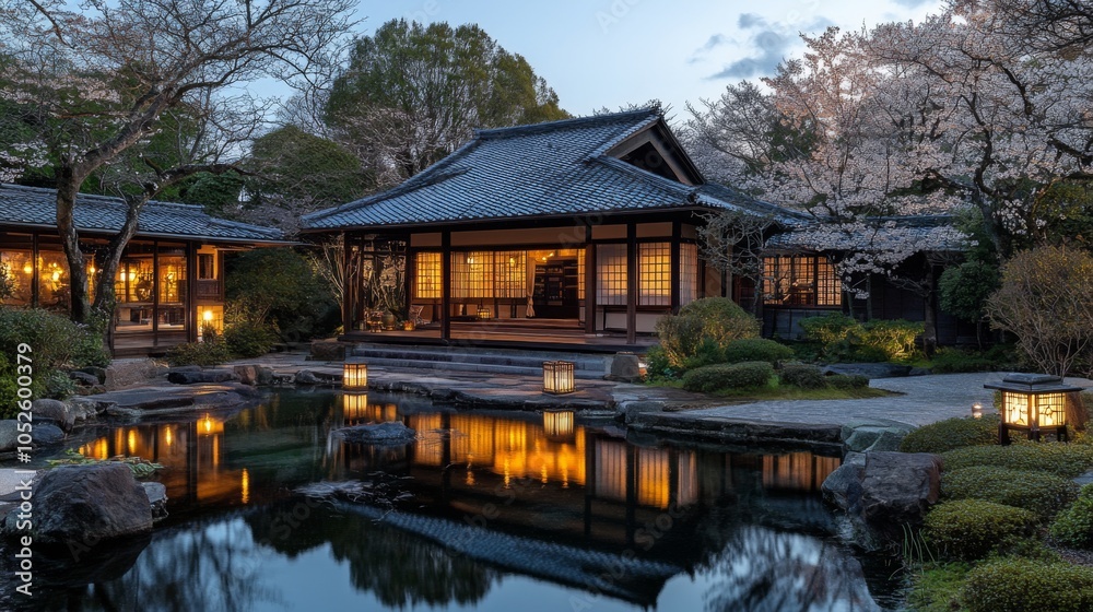 Serene Japanese Garden at Dusk with Cherry Blossoms