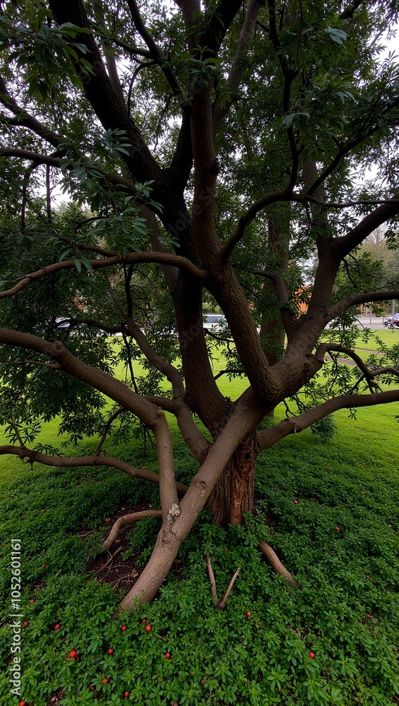 Yew tree with twisted trunk dark green leaves and red berries