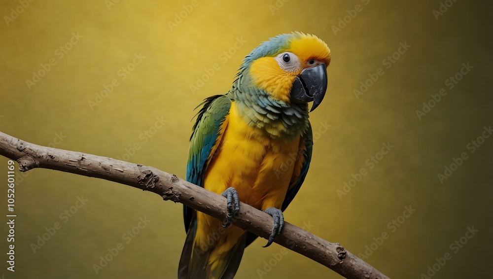 Obraz premium Playful parrot on a branch with a yellow background.