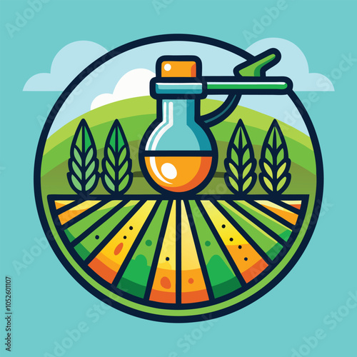 A cartoon illustration of a farming field with a spray bottle filled with orange liquid.