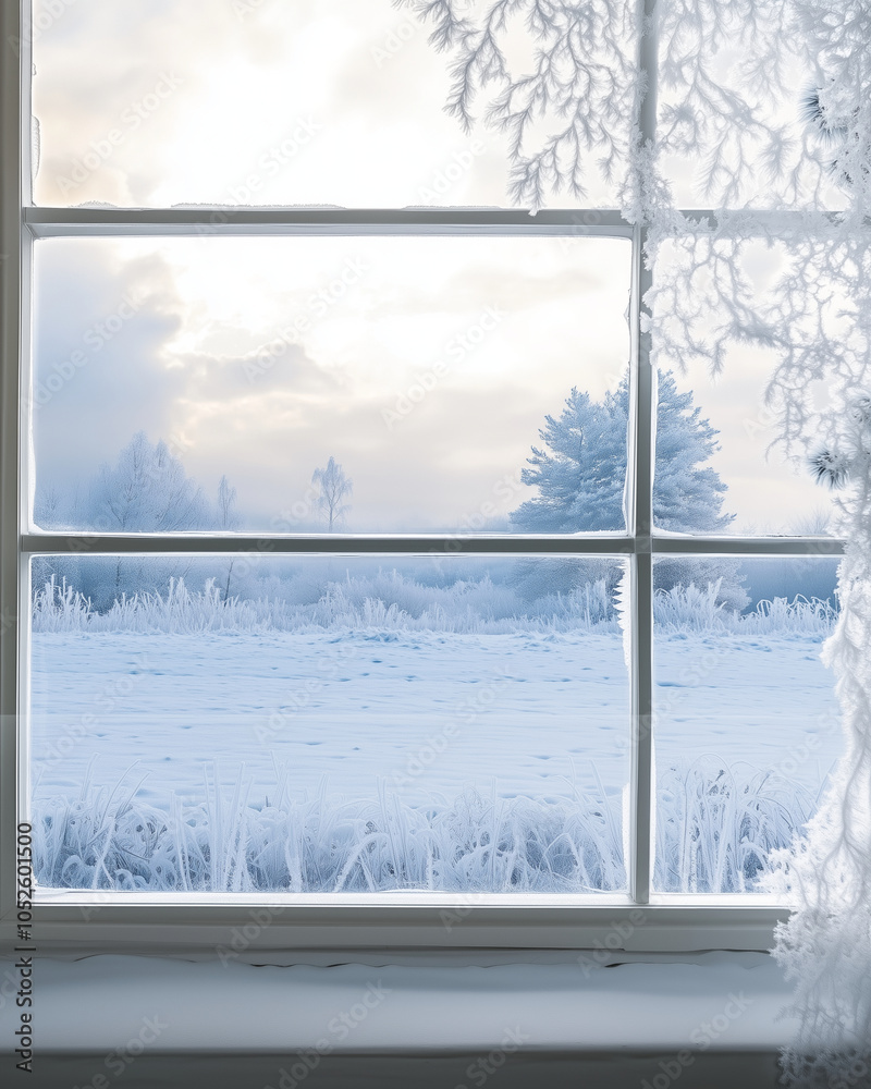 Snow-Covered Winter Landscape Seen from a Window in Snowy Blue, Icy Silver, and Crystal White Snow-Covered Winter Landscape Seen from a Window in Snowy Blue, Icy Silver, and Crystal White