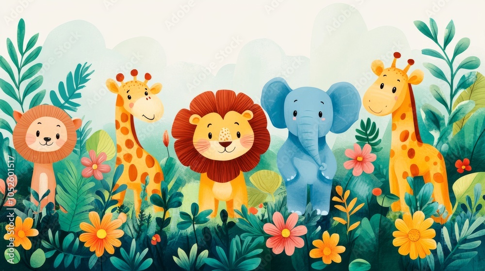 Naklejka premium Fun jungle scene with playful animals like lions, tigers, giraffes, and elephants. Bright, cheerful flowers and leaves