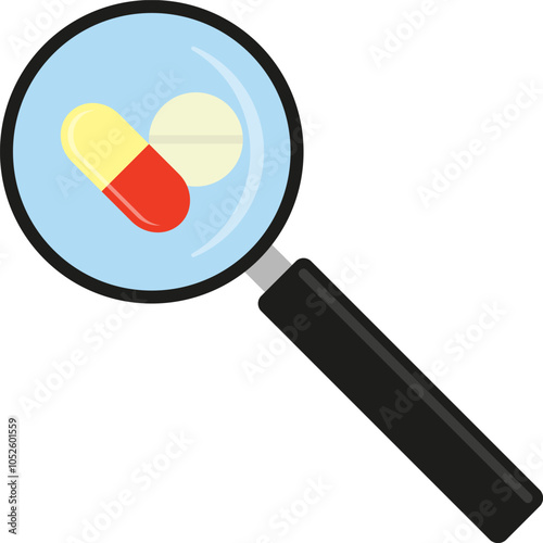 Magnifying glass with yellow red pill capsule and a white round pill icon. Magnifier with pills. Vector illustration.