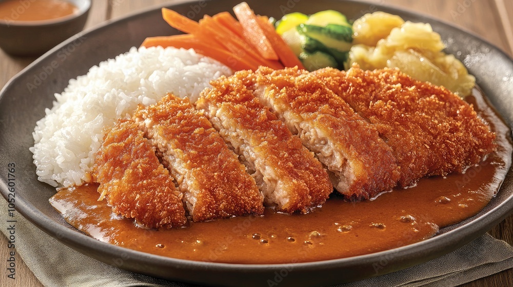 Delicious crispy chicken cutlet with rice and veggies Delicious crispy chicken cutlet with rice and veggies