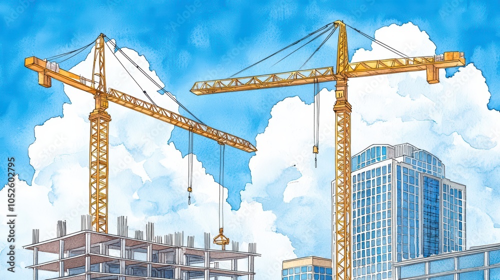 Fototapeta premium Construction scene with cranes and buildings against a blue sky, perfect for urban development themes.