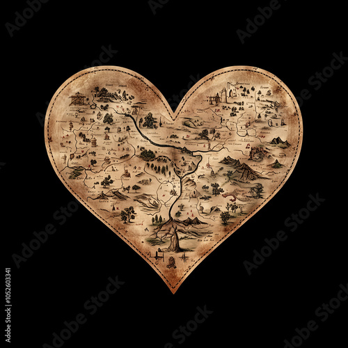 Heart-Shaped Antique Map with Nautical Symbols and Compass Roses on Aged Parchment Background in Vintage Cartography Style photo