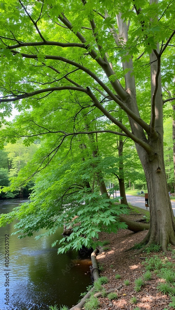 Tranquil scene of red alder tree by freshwater stream Tranquil scene of red alder tree by freshwater stream
