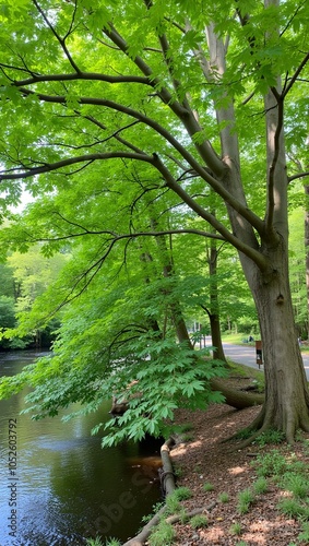 Tranquil scene of red alder tree by freshwater stream