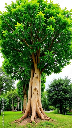 Majestic camphor tree with glossy leaves  thick trunk emitting a faint pleasant scent photo