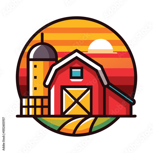Red barn and silo at sunset.