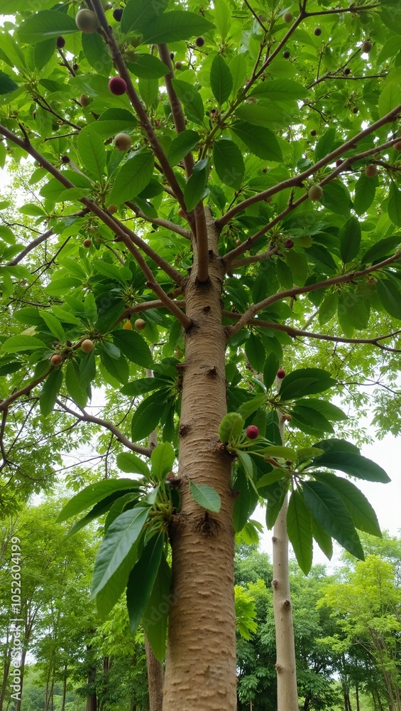 Fototapeta premium Tropical nutmeg tree with oval leaves round fruits and slender trunk