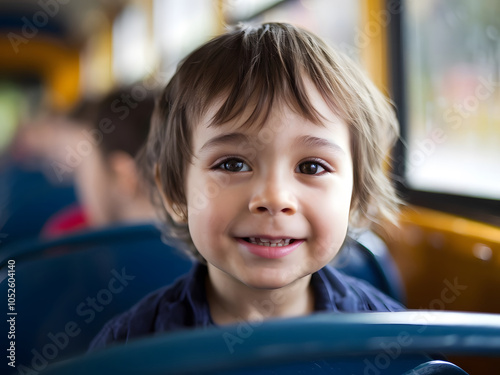 Retrato de un niño sonriente en el autobús escolar