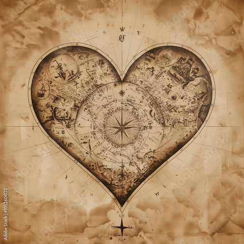 Heart-Shaped Antique Map with Nautical Symbols and Compass Roses on Aged Parchment Background in Vintage Cartography Style photo