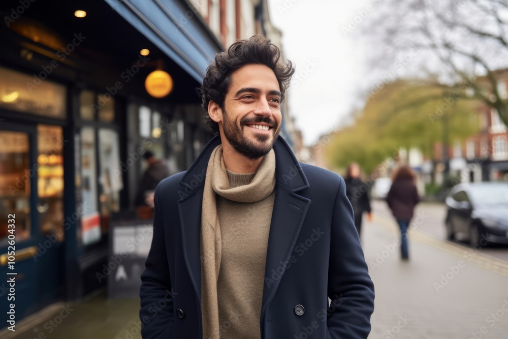 Handsome young man in a coat and scarf on a city street Handsome young man in a coat and scarf on a city street