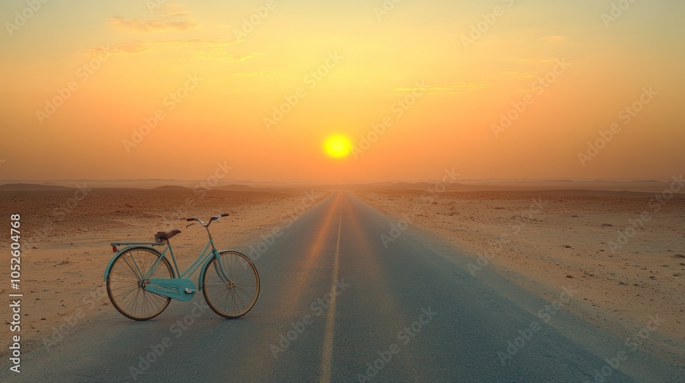 Fototapeta premium A turquoise bicycle sits on an empty road leading to a sunset in the desert.