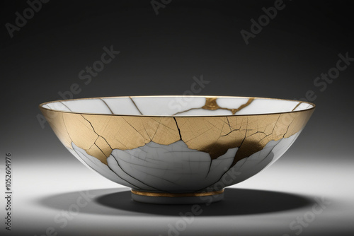 kintsugi japanese gold repaired porcelain bowl in dark background photo