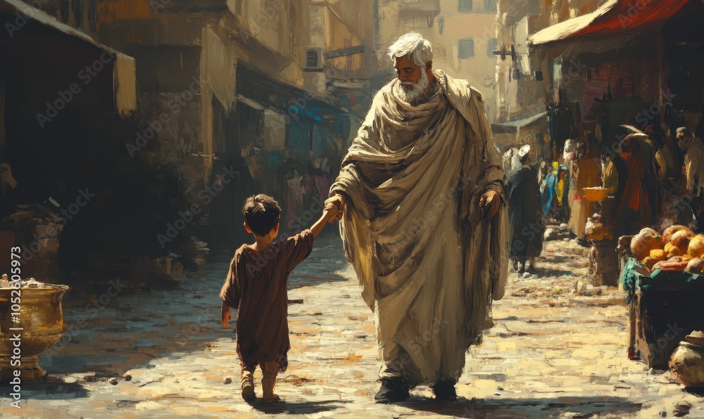 Obraz premium Elderly man leads young boy through market.