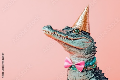 Party Animal: Crocodile Alligator Celebrates in Funky Costume on Bright Background