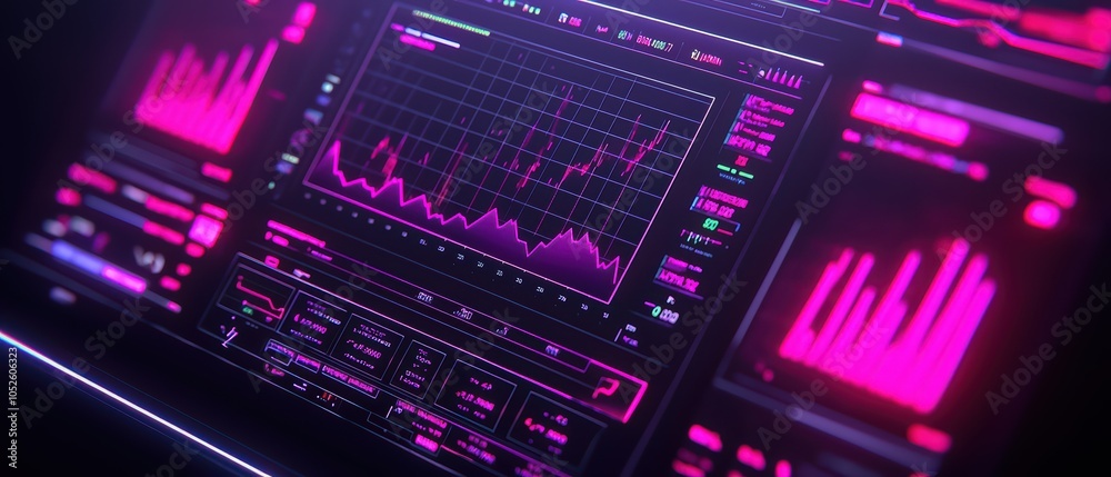 Obraz premium Futuristic data analysis screen with pink graphs and digital interfaces.
