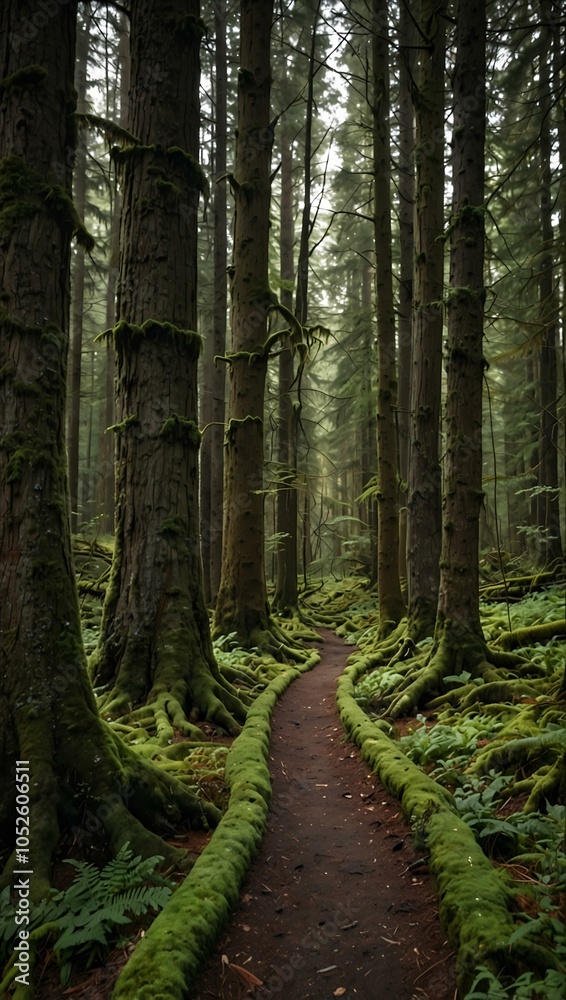 Fototapeta premium Serene forest path lined with moss and tall trees.