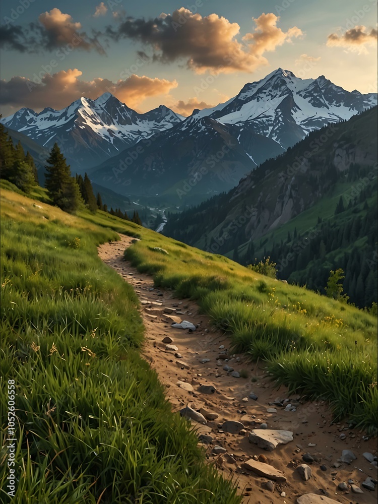 Obraz premium Serene mountain landscape with a pathway.