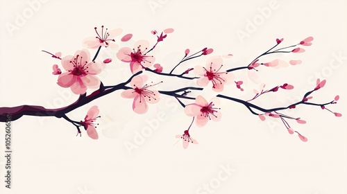  A blooming tree with pink flowers on a white background and a perched bird in the foreground