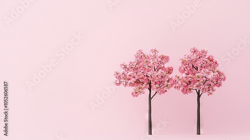  A pair of pink trees resting on a pink wall in front of a pale pink wall and a pastel pink backdrop